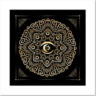 Golden Mandala with Moon and Star Inside Posters and Art